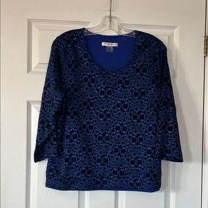 Allison Daley Blue and Black Textured Scoop Neck Long Sleeve Top